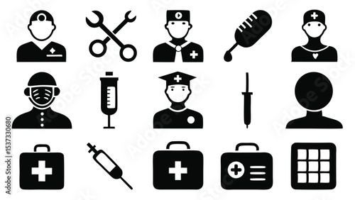 Simple vector illustrations of medical professionals and healthcare related icons and symbols