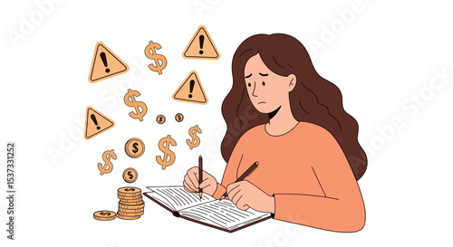 Financial planning and budgeting challenges concept with concerned woman managing expenses vector illustration