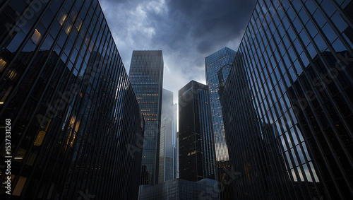 New York City's urban skyline features towering glass skyscrapers and corporate buildings reflecting the sky