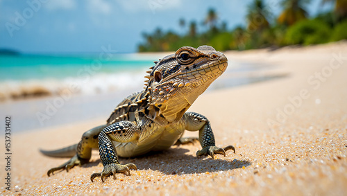 Green scales of an iguana on a sandy beach capture its wild nature