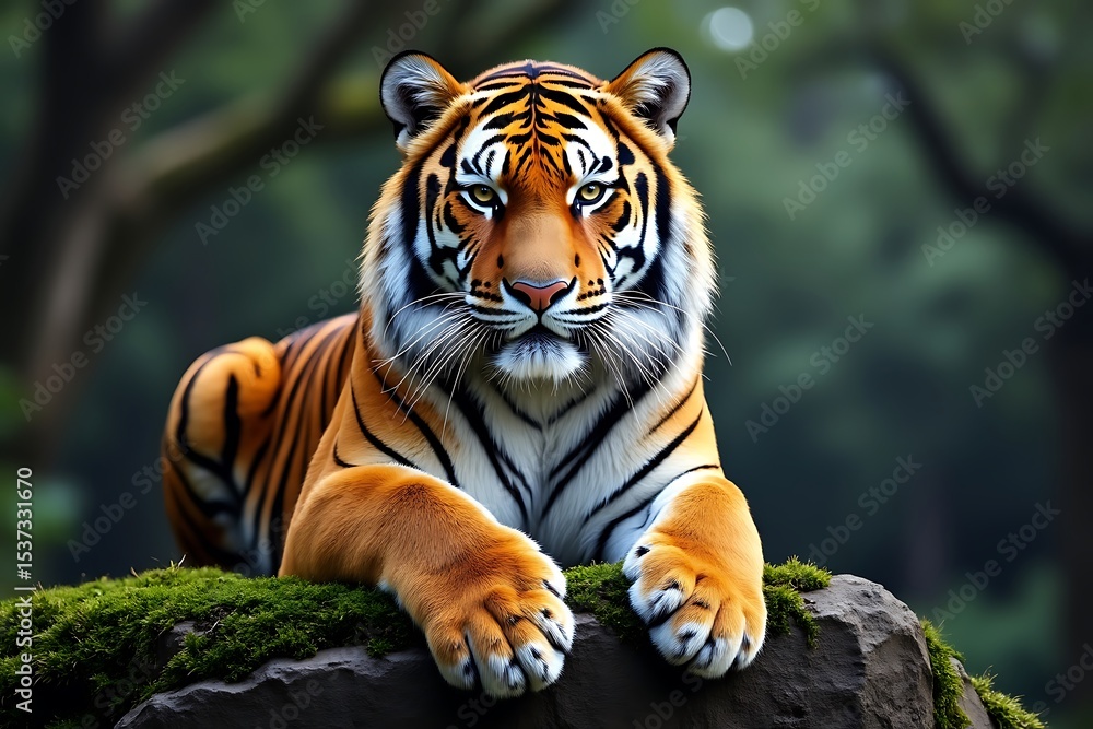 Obraz premium Majestic tiger resting on mossy rock in lush forest