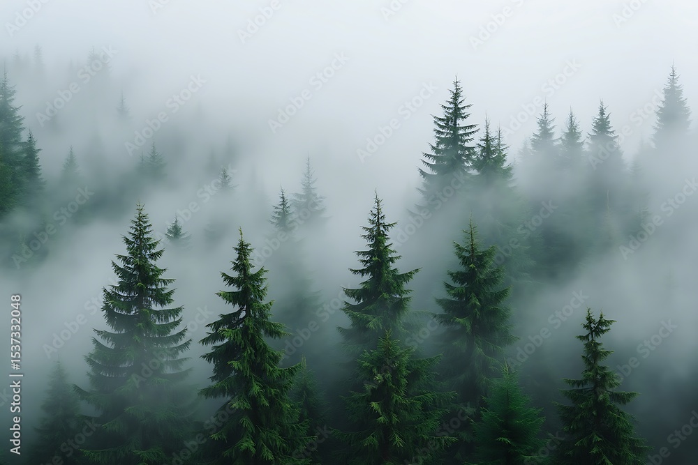 Misty mountain forest evergreen trees fog nature scenery Misty mountain forest evergreen trees fog nature scenery