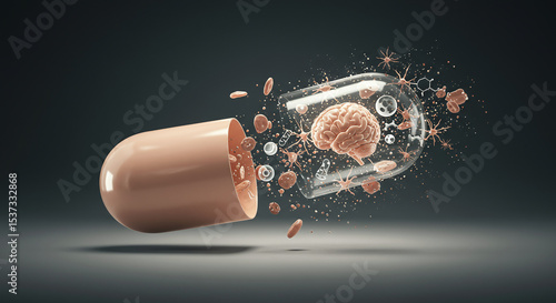 Brain inside capsule. Mental health medication concept.