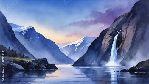 Waterfall flowing into calm lake surrounded by majestic mountain range