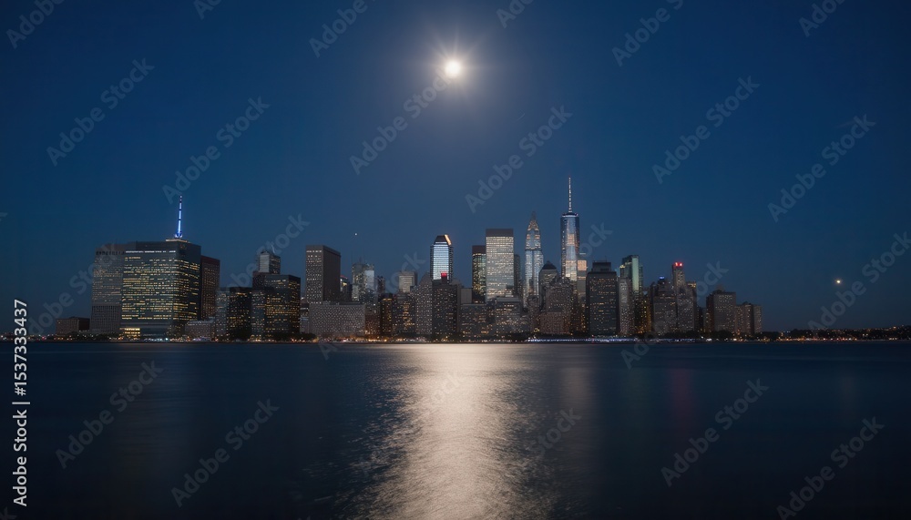 Fototapeta premium wide angle shot of city skyline glowing under moonlight, with shimmering reflections on water.