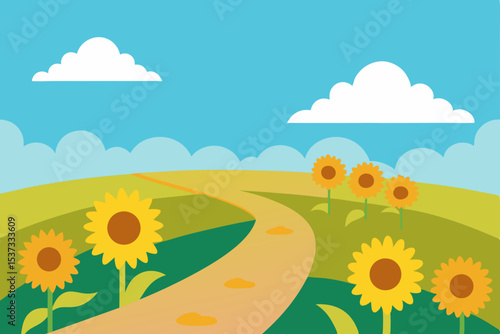 Sunny Sunflower Field Path A Summer Landscape Illustration