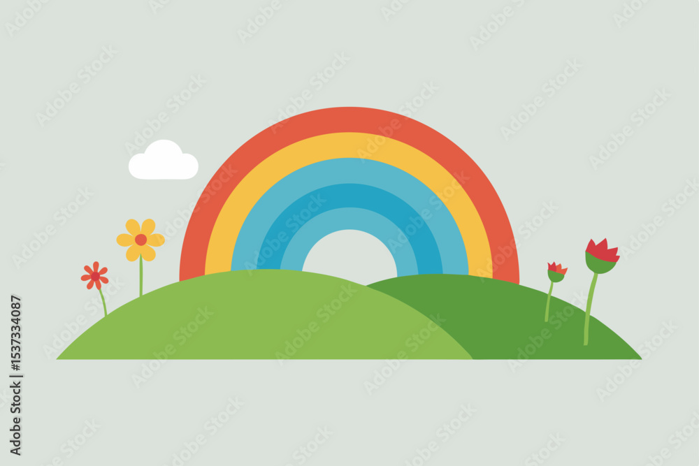 Obraz premium Vibrant Rainbow over Rolling Hills and Blooming Flowers A Colorful Landscape Illustration