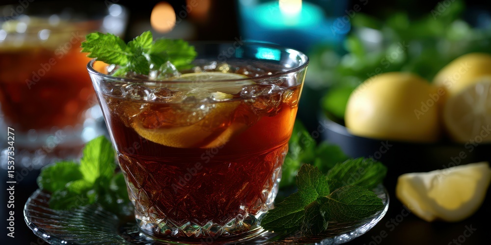 Refreshing iced tea with lemon and mint served in a glass on a decorative plate during a cozy evening at home Refreshing iced tea with lemon and mint served in a glass on a decorative plate during a cozy evening at home