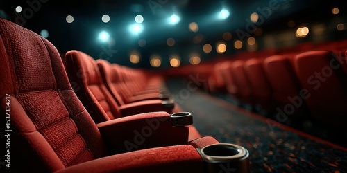Red theater seats arranged in a darkened cinema awaiting the next movie screening