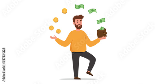 Financial balance concept with man juggling coins and money for budget planning and wealth management vector illustration
