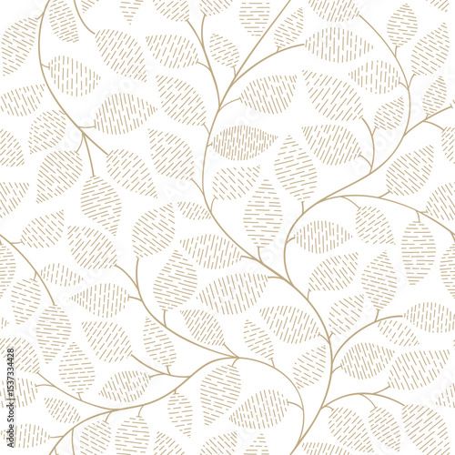 Seamless grey and white floral background with leaves. Hand drawn minimal abstract organic shapes pattern. Delicate vector white abstact pattern with grey terracotta leaves.