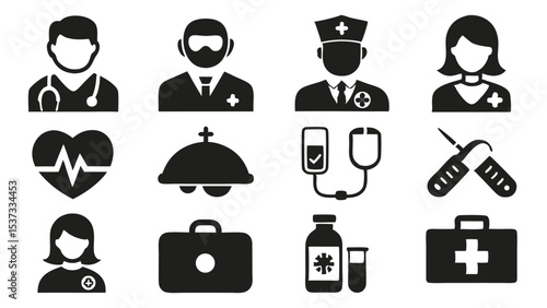 A collection of medical icons depicting doctors nurses equipment and health symbols