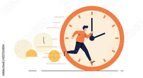 Time management and efficiency concept with person running against clock vector illustration