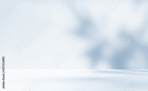 Empty white room studio with blue shadow of leaves overlay effect for product presentation display. Cosmetic beauty fashion showroom.  Minimal Mock up interior background.
