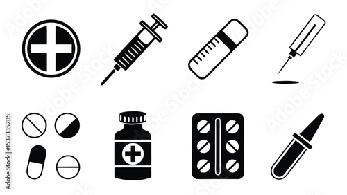 Black and white medical icons representing healthcare pills syringes and medicine bottles