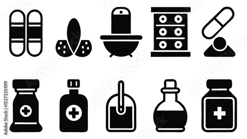 Black and white pharmaceutical icons representing medicines and healthcare elements.