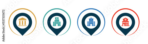 Public building and Pin icon set illustration vector. Courthouse, Hospital, Police Station, Fire Station, with location sign and symbol.