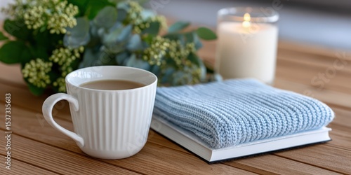 Wallpaper Mural Coffee Cup and Book on Wooden Table With Candle, Representing Relaxation and Cozy Lifestyle Torontodigital.ca