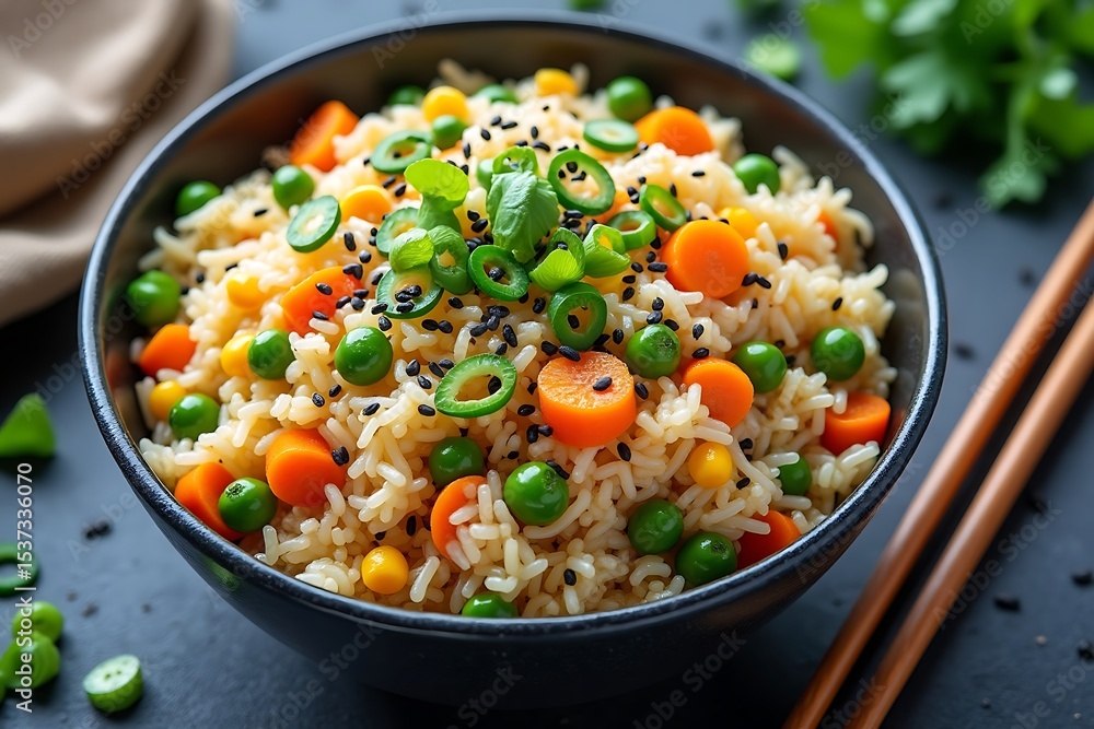 Delicious vegetable fried rice bowl healthy meal Delicious vegetable fried rice bowl healthy meal