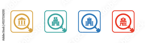 Public building and magnifying glass icon set illustration vector. Courthouse, Hospital, Police Station, Fire Station, with magnifying glass sign and symbol.