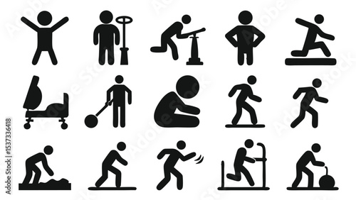 Collection of black silhouette icon illustrations representing various activities and movements