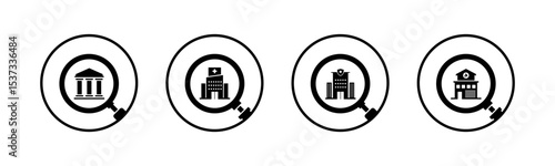 Public building and magnifying glass icon set illustration vector. Courthouse, Hospital, Police Station, Fire Station, with magnifying glass sign and symbol.