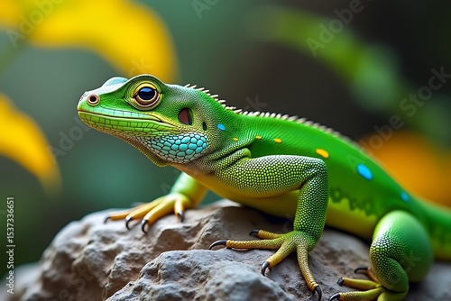 Wallpaper Mural Vibrant green lizard on rock, detailed closeup, exotic reptile Torontodigital.ca