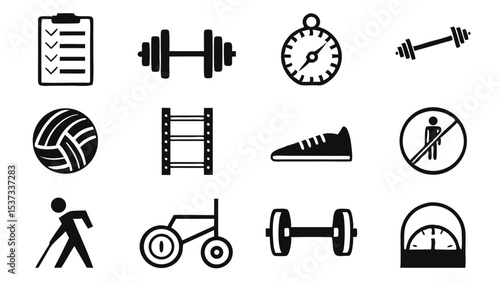 Collection of minimalist black and white fitness and exercise equipment icons set