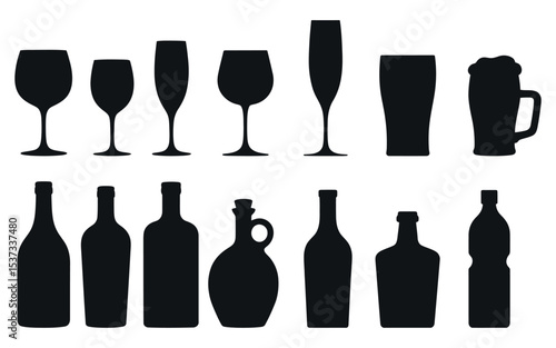 Collection of Black Silhouette Wine Glasses Champagne Flutes Beer Glasses and Bottles Perfect for Bar Restaurant or Party Invitations and Graphic Design Projects