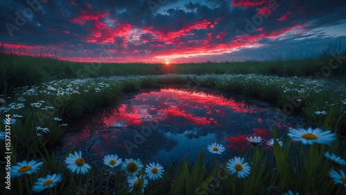 Reflecting Sunset over Pond with Meadow of Wildflowers at Dusk