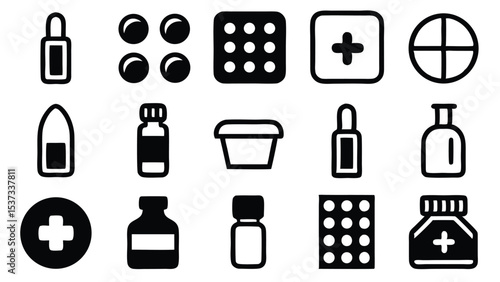 Illustrated black and white icons representing medical bottles pills tablets and other medicines