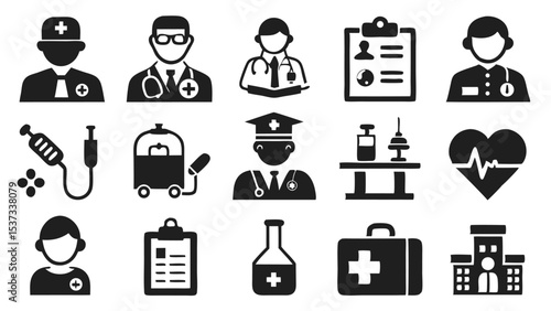 Medical icons illustrating healthcare professions equipment and hospital related elements
