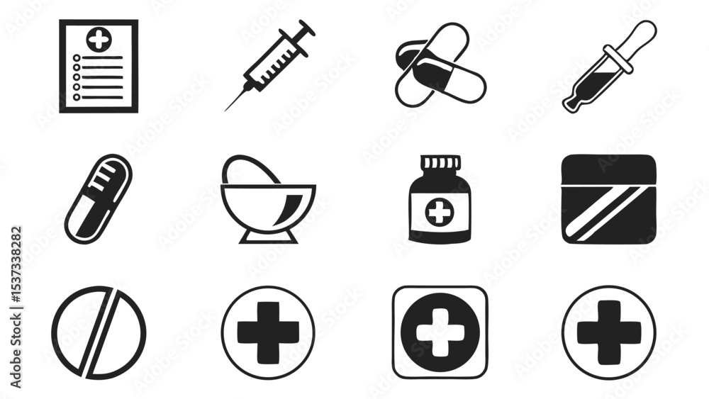 Fototapeta premium Essential Medical Icons for Healthcare and Pharmacy Use