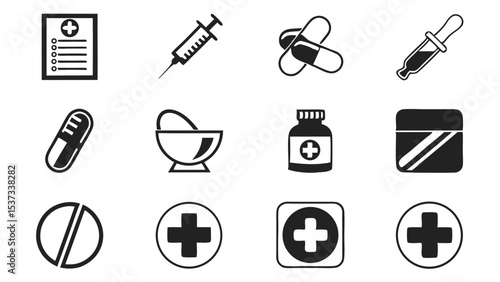 Medical icons set depicting healthcare elements and symbols for medical industry use