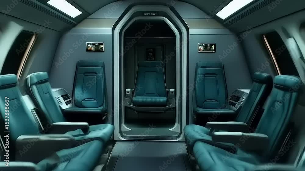 Interior View of Futuristic Spacecraft Passenger Cabin with Luxury Seating Interior View of Futuristic Spacecraft Passenger Cabin with Luxury Seating