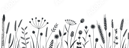 Elegant Silhouette Illustration of Wildflowers and Grasses on White Background Perfect for Nature Inspired Designs and Botanical Themed Projects and Creative Compositions