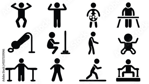 Set of simple black and white pictogram illustrations of various exercise and fitness activities