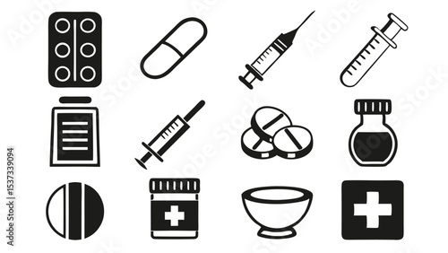 Set of simple medical icons representing pills syringes medicines and first aid elements