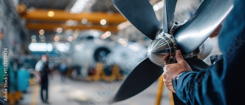 Adult man inspecting aircraft propeller in aviation factory Engineer checking airplane engine for maintenance and repair in the hangar Concept of aerospace industry and engineering