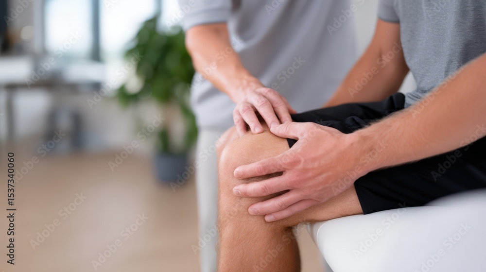 Physical Therapist Examining Patient's Knee, Depicting Healthcare Support and Medical Consultation Physical Therapist Examining Patient's Knee, Depicting Healthcare Support and Medical Consultation