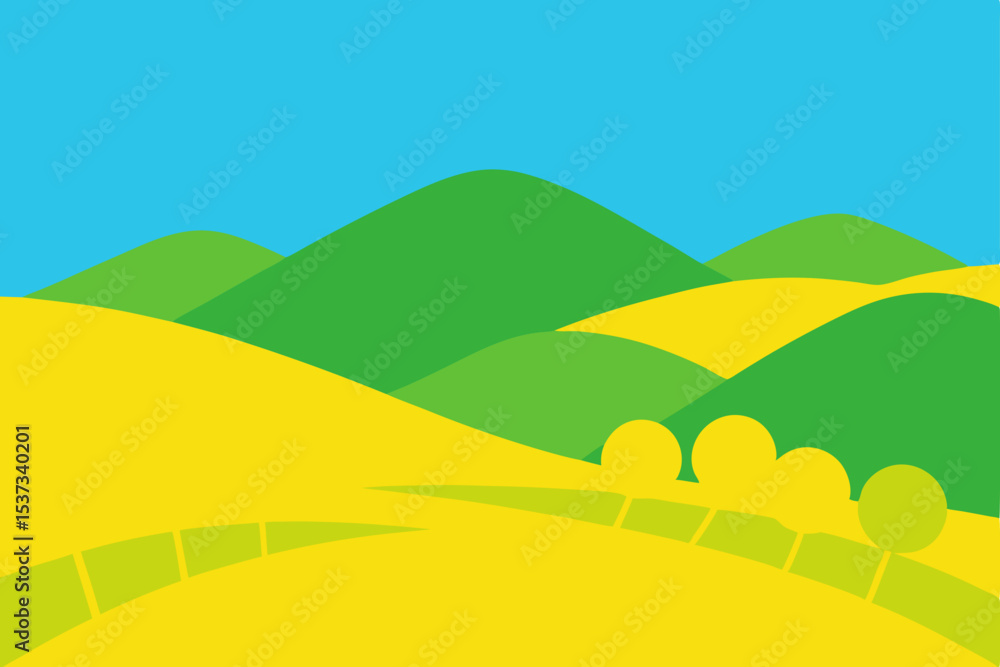 Fototapeta premium Serene Summer Landscape Rolling Hills and Golden Fields Illustration