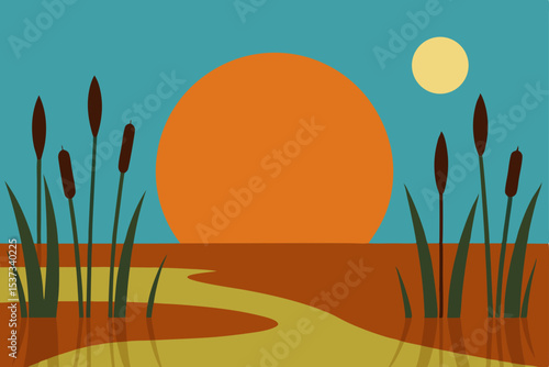 Serene Sunset over Calm Water A Minimalist Marsh Landscape Illustration