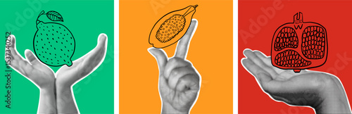 Retro collage design with halftone hands holding vibrant illustrations of a lime, papaya, and pomegranate. Stylish templates for postcards, posters