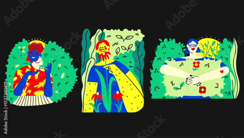 Set of characters spending time in nature. Concept of the beneficial influence of the environment on a person. Collection of flat vector illustrations
