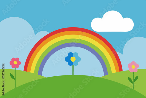 Vibrant Rainbow Over a Sunny Meadow with Colorful Flowers A Delightful Spring Illustration