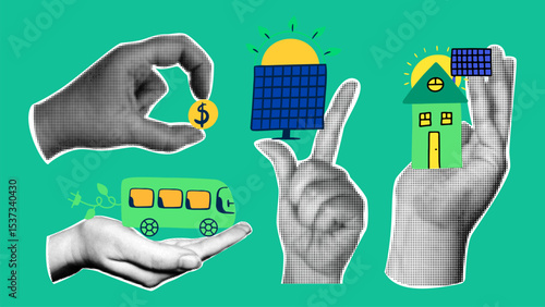 Green sustainable and environmental business vector design. Contemporary art collage with halftone textured hands and ecology elements.