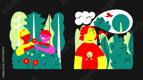 Children spending time in nature. Conceptual illustration about well-being influence of environment on mental health of child. Vector flat design