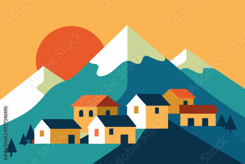 Serene Mountain Village Sunset A Colorful Illustration of Peaceful Alpine Homes