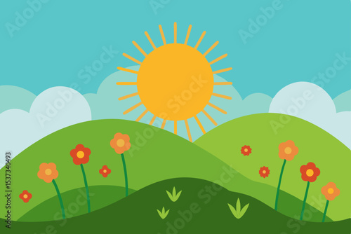 Sunny Hills, Blooming Flowers A Serene Spring Landscape Illustration