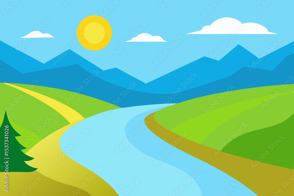 Fototapeta premium Serene River Landscape Winding River Through Lush Green Hills and Mountains under Sunny Sky